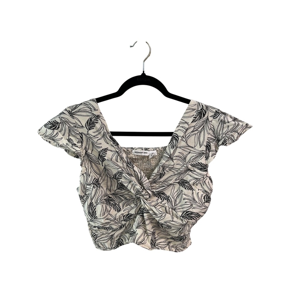 Boho Tropical Vacation Crop Top Black White XL Twist Front Smocked Back Resort